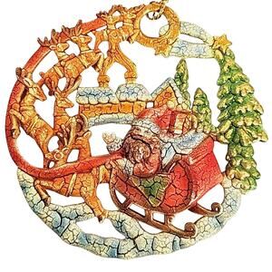 Santa and Eight Reindeer Resin Two Sided Christmas Ornament w/Gold Hanger 4.5" D